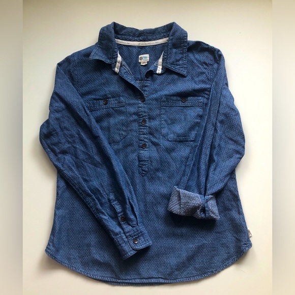 Toms Denim Micro Polka Dot Long Sleeve Partial Button Up Shirt Women's Size M ✨ - Picture 2 of 8